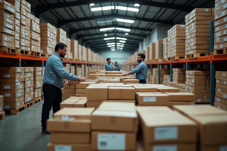 Al Waha Books employees preparing books for library supply, showcasing the company's B2B operations.