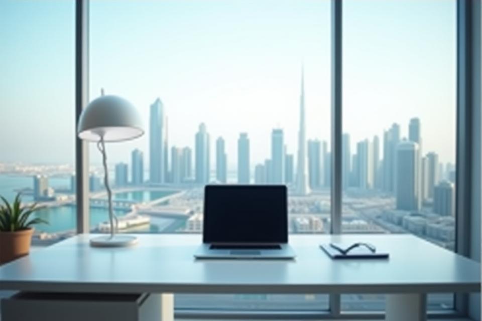 Modern office desk setup with a view overlooking Dubai cityscape, representing the workplace.
